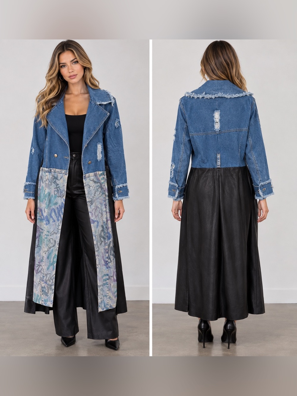 Upcycled Mixed Denim & graffiti Trench Coat wi Black 100% Leather Panel size XL